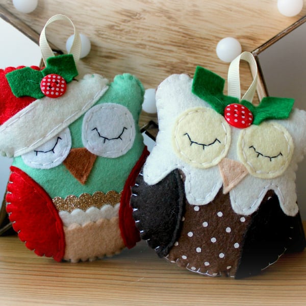 Make Your Own felt Christmas Owl decoration Kit. Sewing pattern for two designs