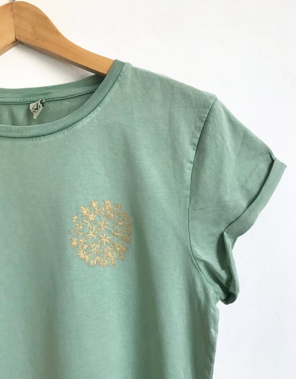 Womens organic cotton stonewash sage green T shirt Allium Flower gold print