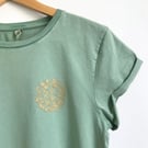 Womens organic cotton stonewash sage green T shirt Allium Flower gold print