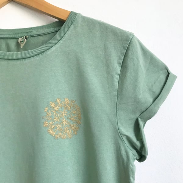 Womens organic cotton stonewash sage green T shirt Allium Flower gold print