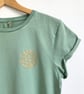 Womens organic cotton stonewash sage green T shirt Allium Flower gold print - Image 1