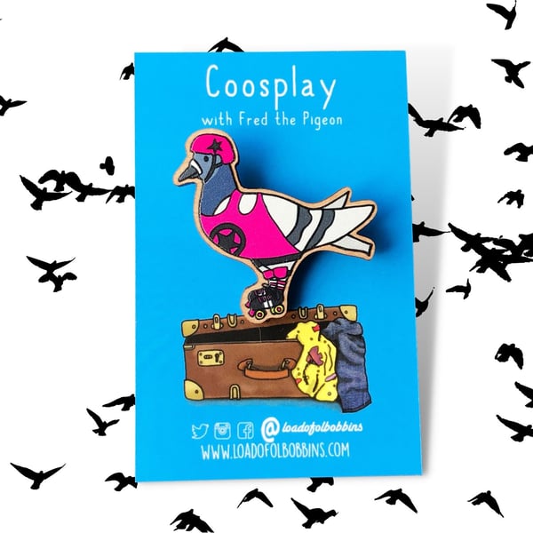 Roller Derby Pigeon Wooden Illustration Brooch