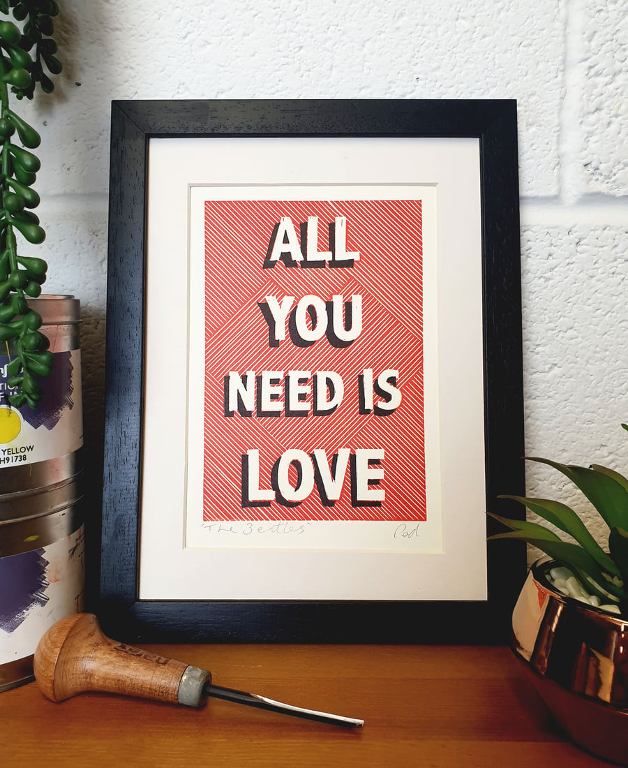 Beatles- All You Need Is Love Original Lino Print