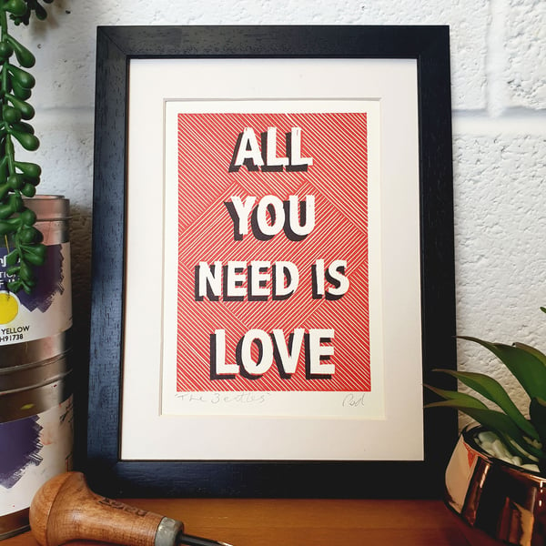 Beatles- All You Need Is Love Original Lino Print