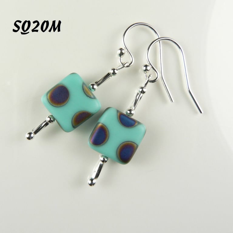 10 colours - Sterling silver & 10mm spotted slab Czech glass drop earrings