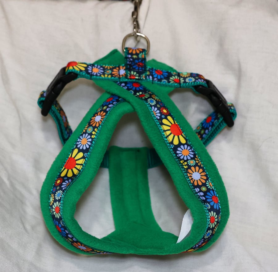 Adjustable Floral Dog Harness with Cosy Emerald Green Fleece Lining.