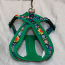 Adjustable Floral Dog Harness with Cosy Emerald Green Fleece Lining.