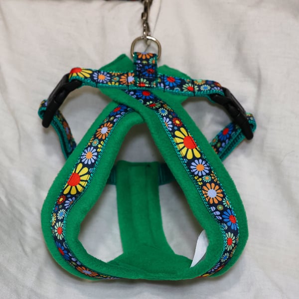 Adjustable Floral Dog Harness with Cosy Emerald Green Fleece Lining.