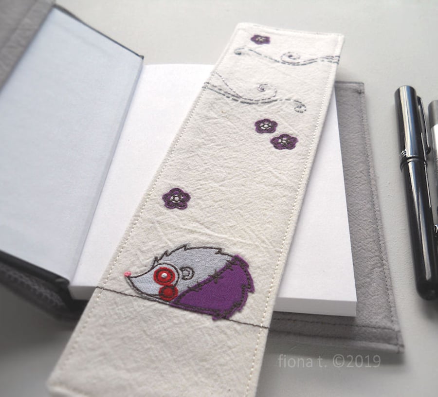 purple free motion hand embroidered zombie hedgehog fabric bookmark