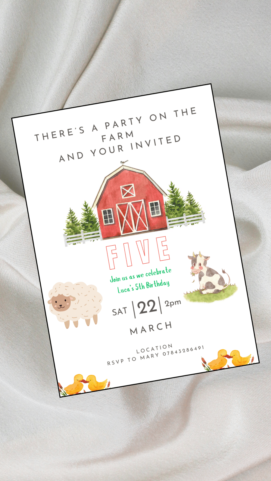 10 Kids Personalised On The Farm Birthday Party Invites 