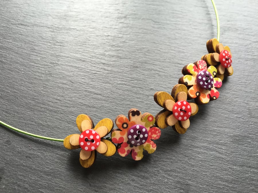 Button Necklace Wooden Flower Button Choker Autumn Shades