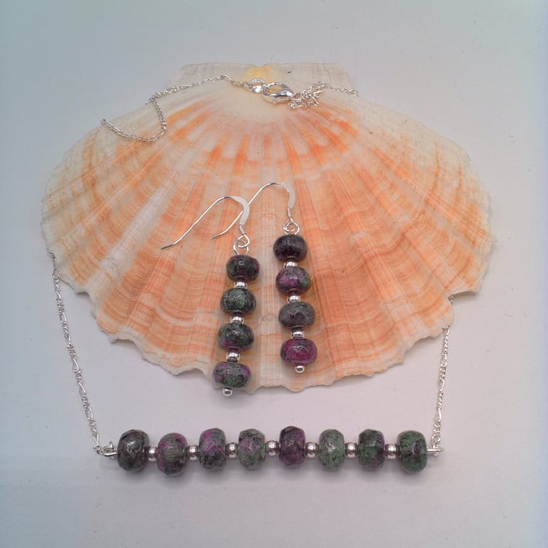 Faceted Ruby in Zoisite Bar on 925 Silver Chain & Earrings, Gift for Her