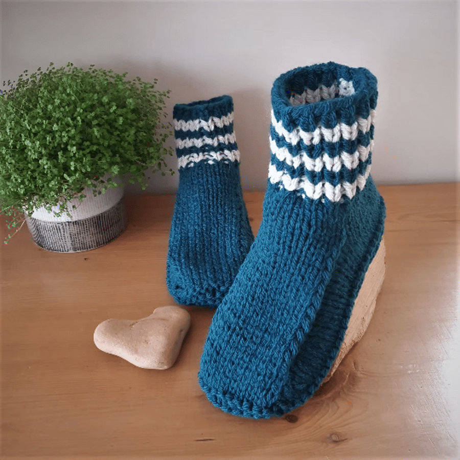 Slippers, Dorm Boots, UK 7-8  Adult Unisex Teal & Silver, Hand Knitted, Wool Mix