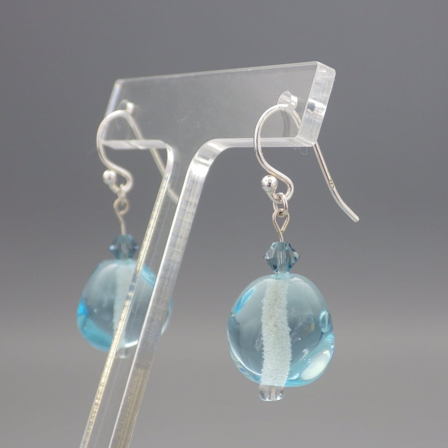 Pale aquamarine blue coloured UK lampwork glass bead earrings