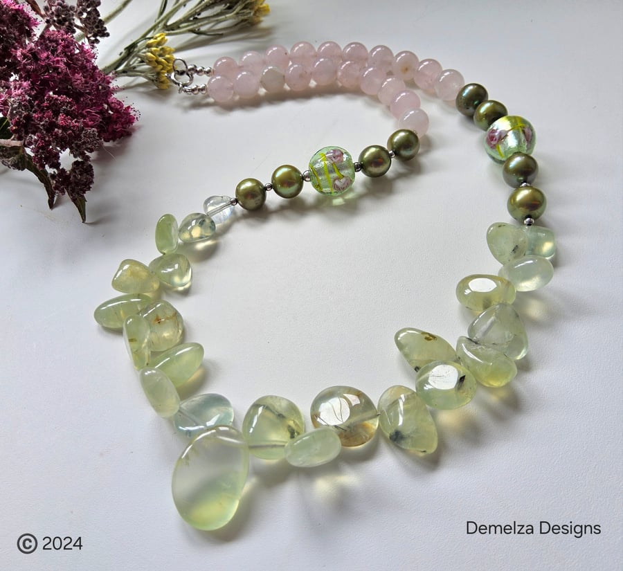 Prehnite, Rose Quartz, Freshwater Pearls, Marino Glass Sterling Silver Necklace 