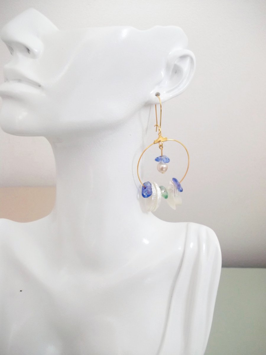 Faux Vintage Pearl Dangle Hoop Earrings, Shell, Green and Blue Sea Glass