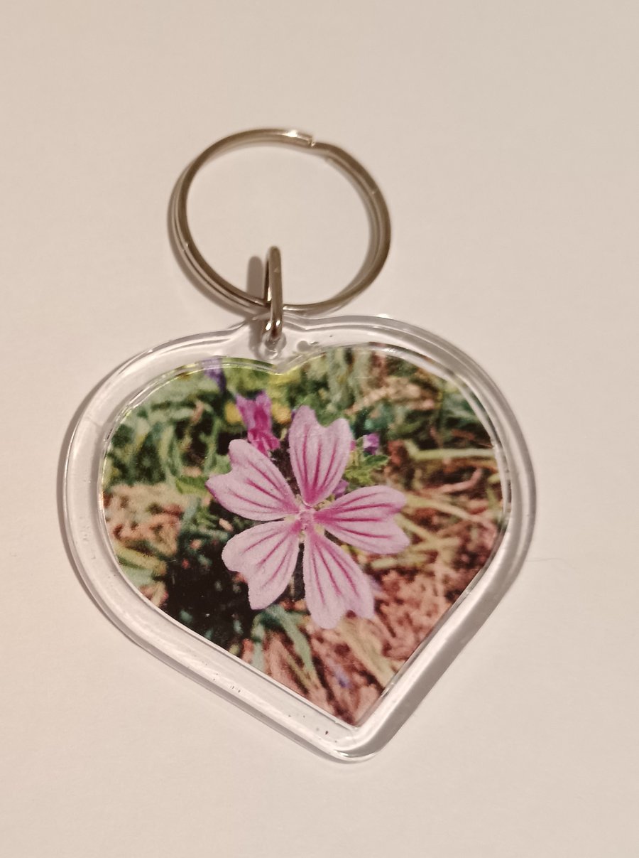 Pretty Pink Flower Photography in heart shaped keyring 