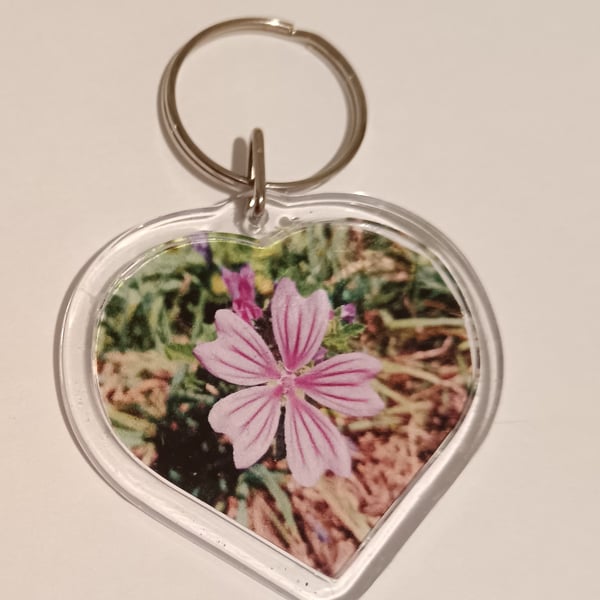 Pretty Pink Flower Photography in heart shaped keyring 