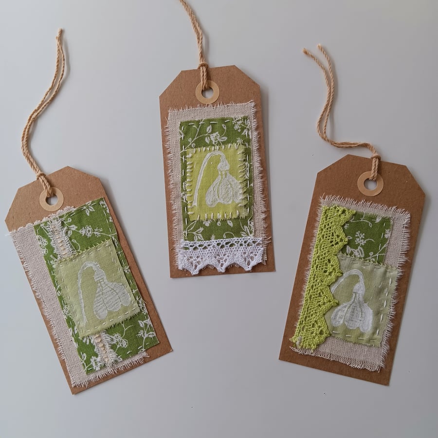 Set of Three Gift Tags with Hand Printed Snowdrops