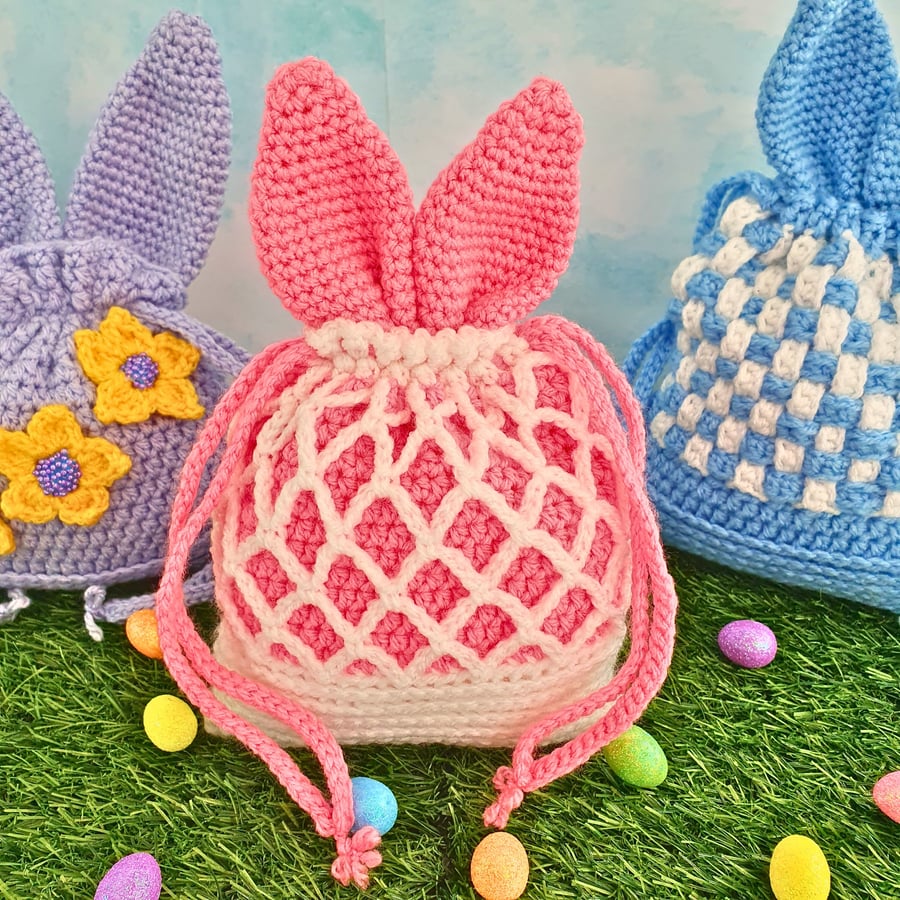 Bunny ears gift pouch in Pink, Lilac or Blue, crochet drawstring treat bag