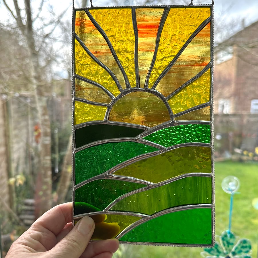 Stained Glass Large Sunset Panel Suncatcher - Handmade Window Decoration 