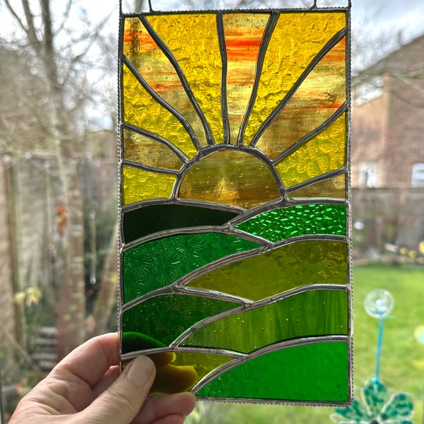 Stained Glass Large Sunset Panel Suncatcher - Handmade Window Decoration 