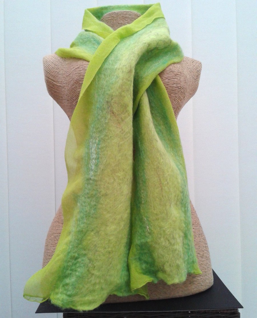 Green nuno felted dress scarf with glitzy effect