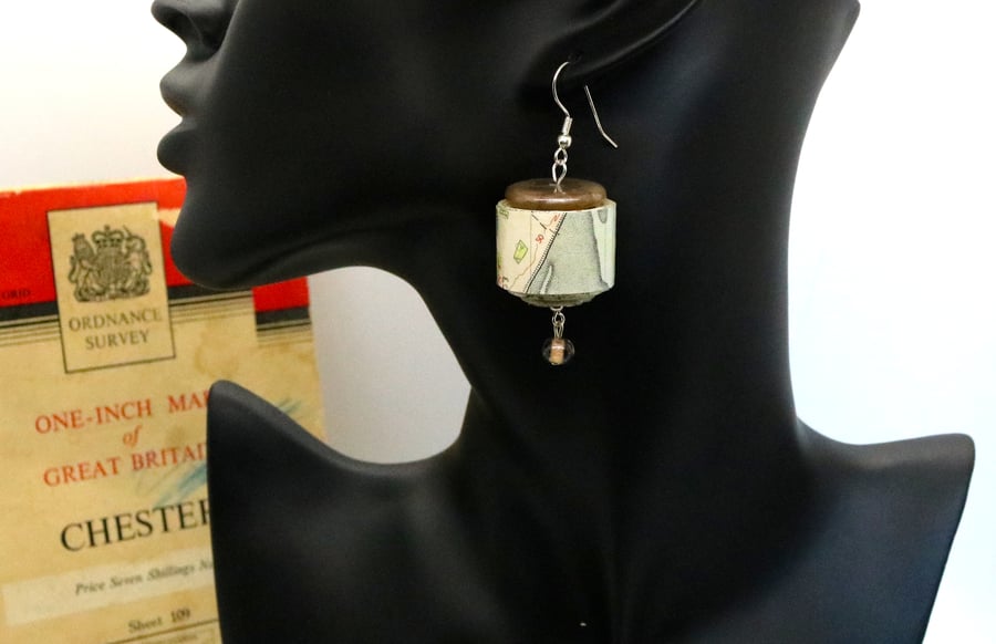 Chunky paper beaded earrings made of a 1952 OS map of Chester and Liverpool