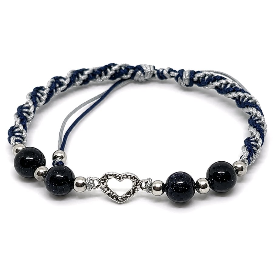 Blue Sandstone Heart Bracelet Two Tone Cord Adjustable Natural Stone