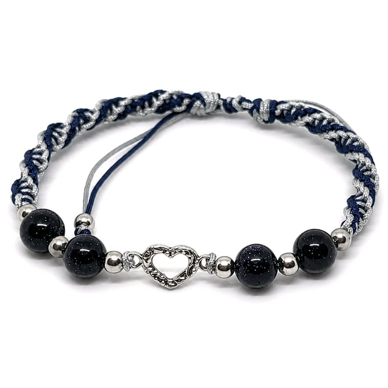Blue Sandstone Heart Bracelet Two Tone Cord Adjustable Natural Stone