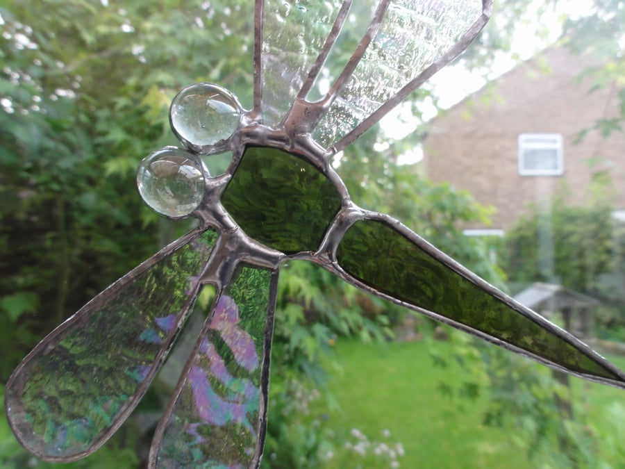 Reserved for Tricia - Olive Stained Glass Dragonfly Suncatcher 