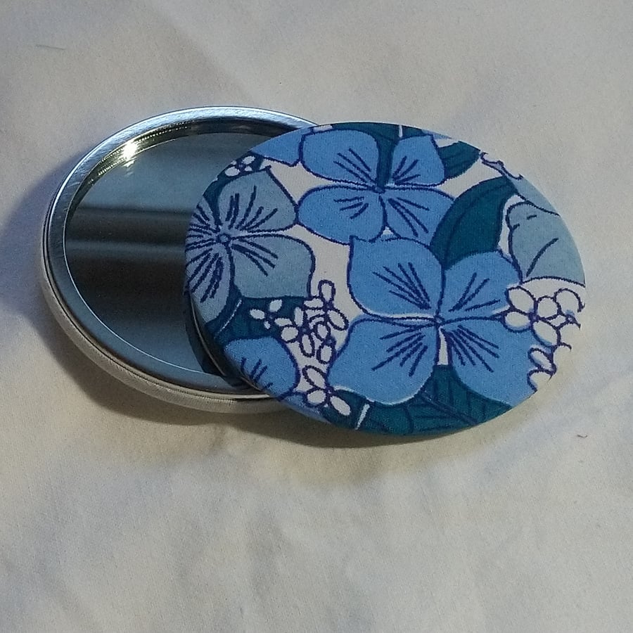 Blue Floral Design Fabric Backed Pocket Mirror