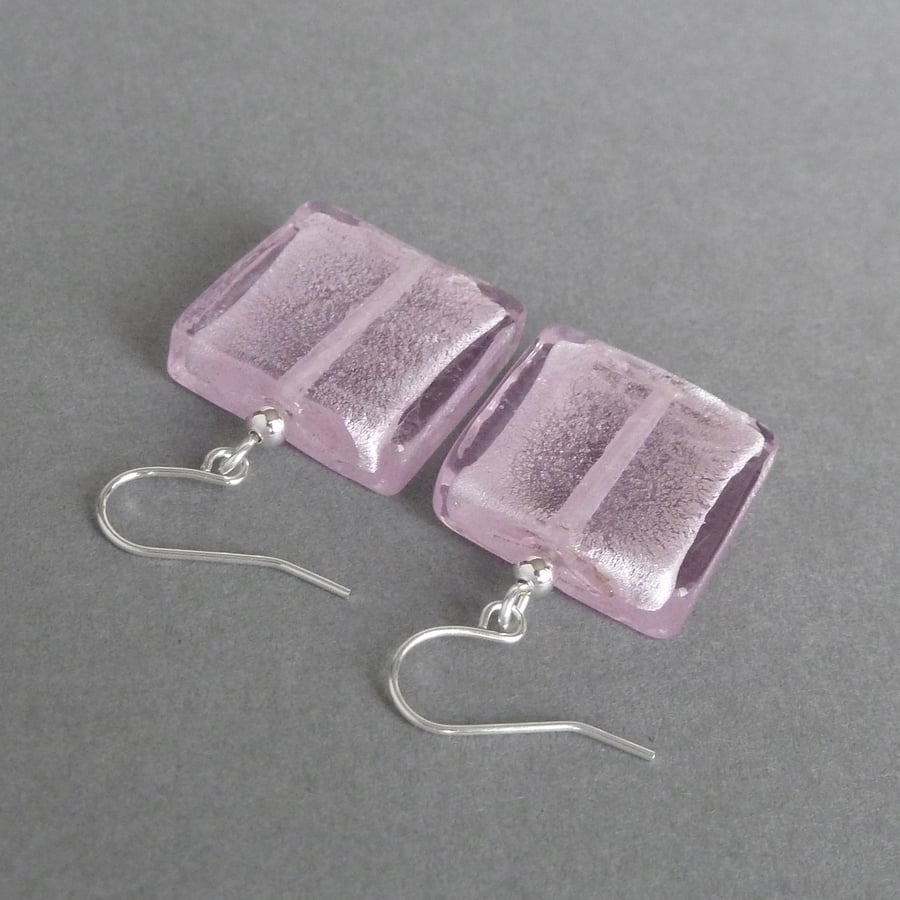 Large Pale Pink Fused Glass Drop Earrings - Big Square Baby Pink Dangle Earrings