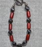 Hematite Swirl and Frosted Red Glass Tube Bead Bracelet - Image 2