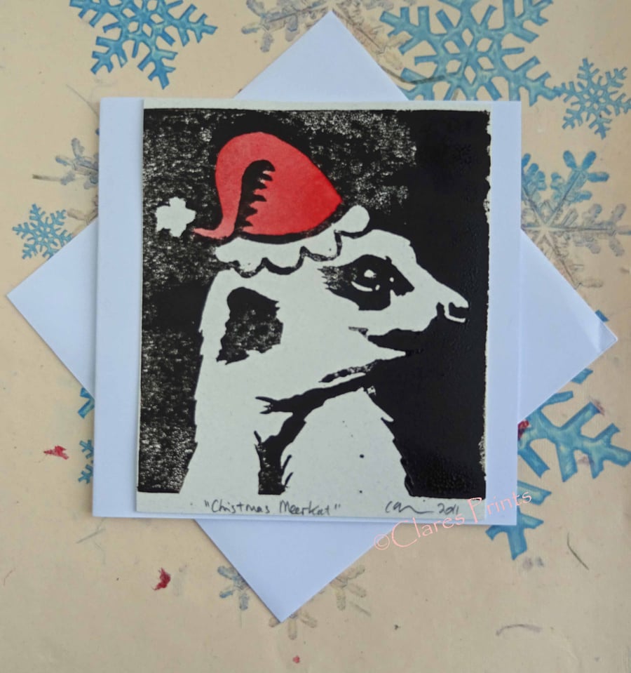  Christmas Meerkat Animal Art Lino Print Greeting Card Meercat