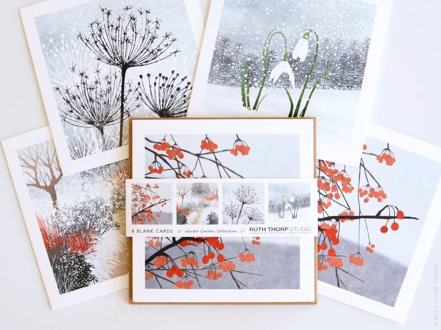 Winter Garden Greeting Cards pack of 4 blank illustrated cards