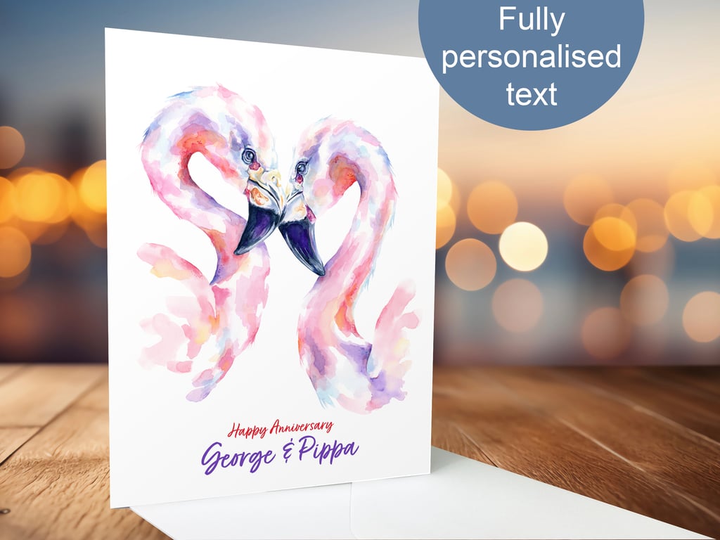 Flamingo personalised love card, any names, any message, 5x7, premium quality