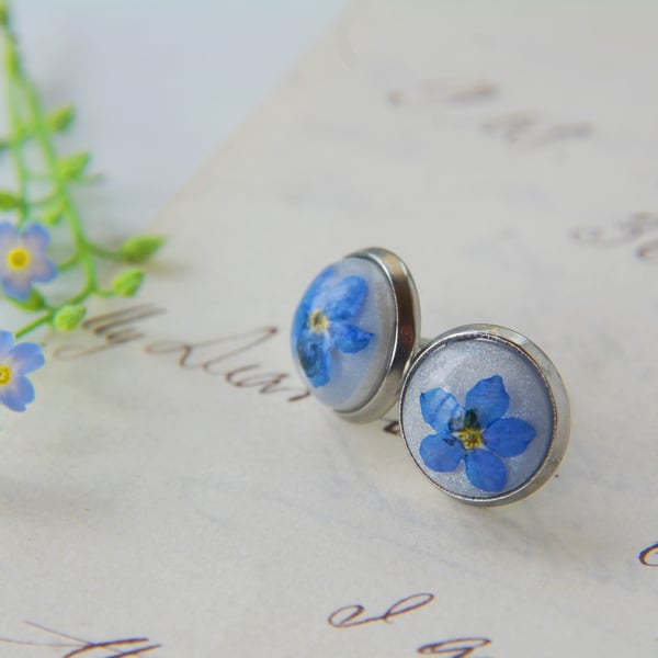 minimalist stainless steel stud earrings with real forget me not flowers