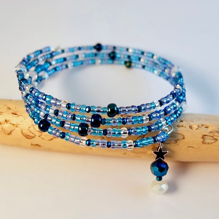 Blue Czech Glass Memory Wire Wrap Bracelet - Birthday, Anniversary, Gift For Her