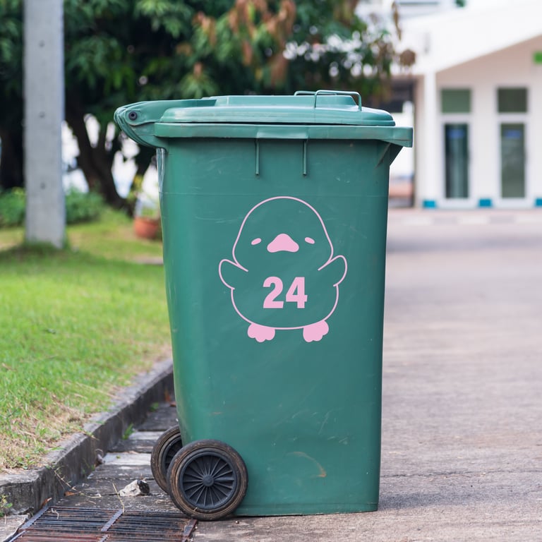 Personalised Round Duck Bin Sticker: Custom Wheelie Bin Decal with House Number 
