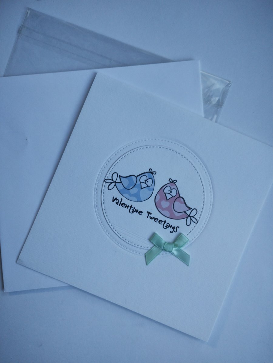 Valentine Tweetings - handmade Valentine's Card with cute birds pink and blue