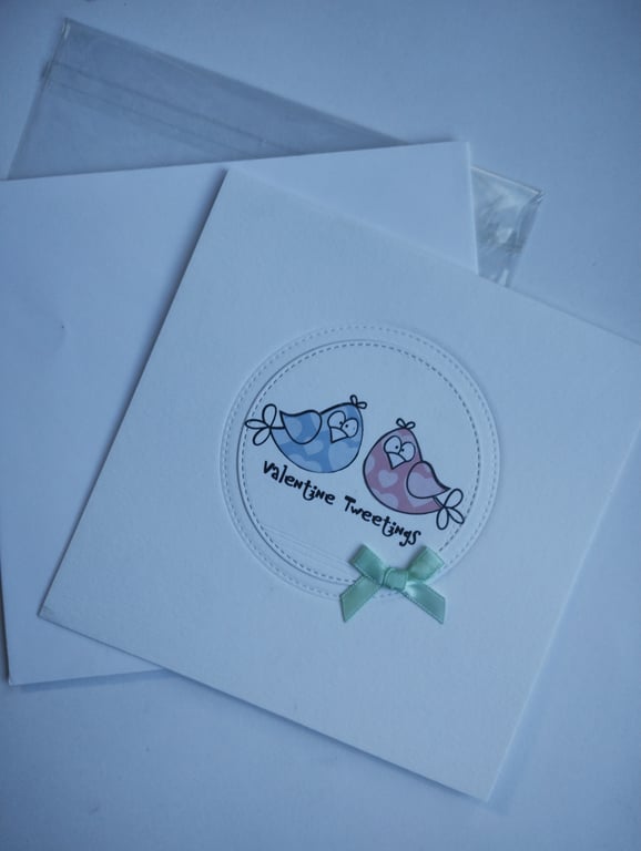 Valentine Tweetings - handmade Valentine's Card with cute birds pink and blue