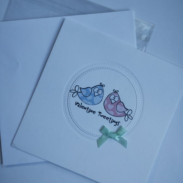 Valentine Tweetings - handmade Valentine's Card with cute birds pink and blue