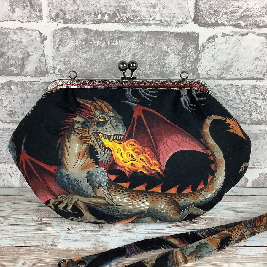 Gothic Dragons medium fabric frame clutch handbag, Kiss clasp