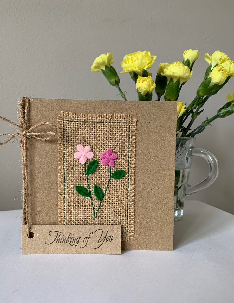 Thinking of You Card. Pink and rose flowers. Wool felt. Handmade.
