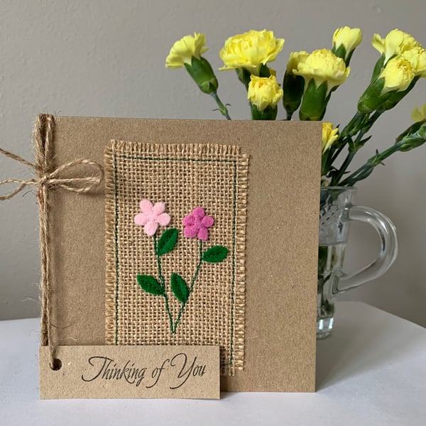 Thinking of You Card. Pink and rose flowers. Wool felt. Handmade.