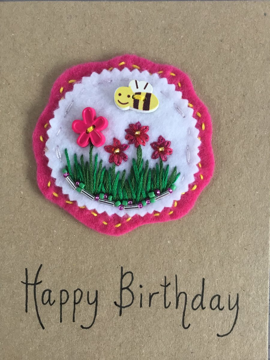 Hand Embroidered Bee Birthday Card 