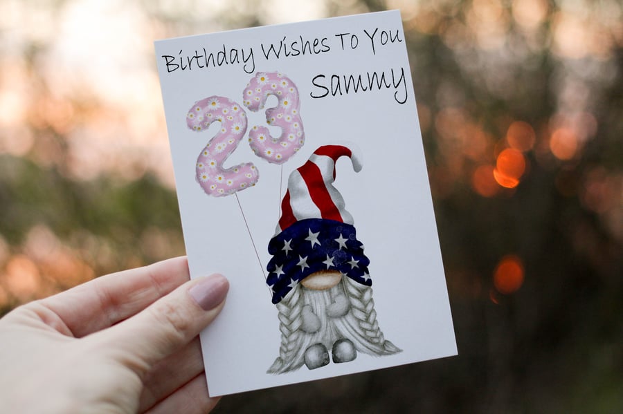 USA Gnome Age Birthday Card, Card for 23rd Birthday, American Flag Gnome
