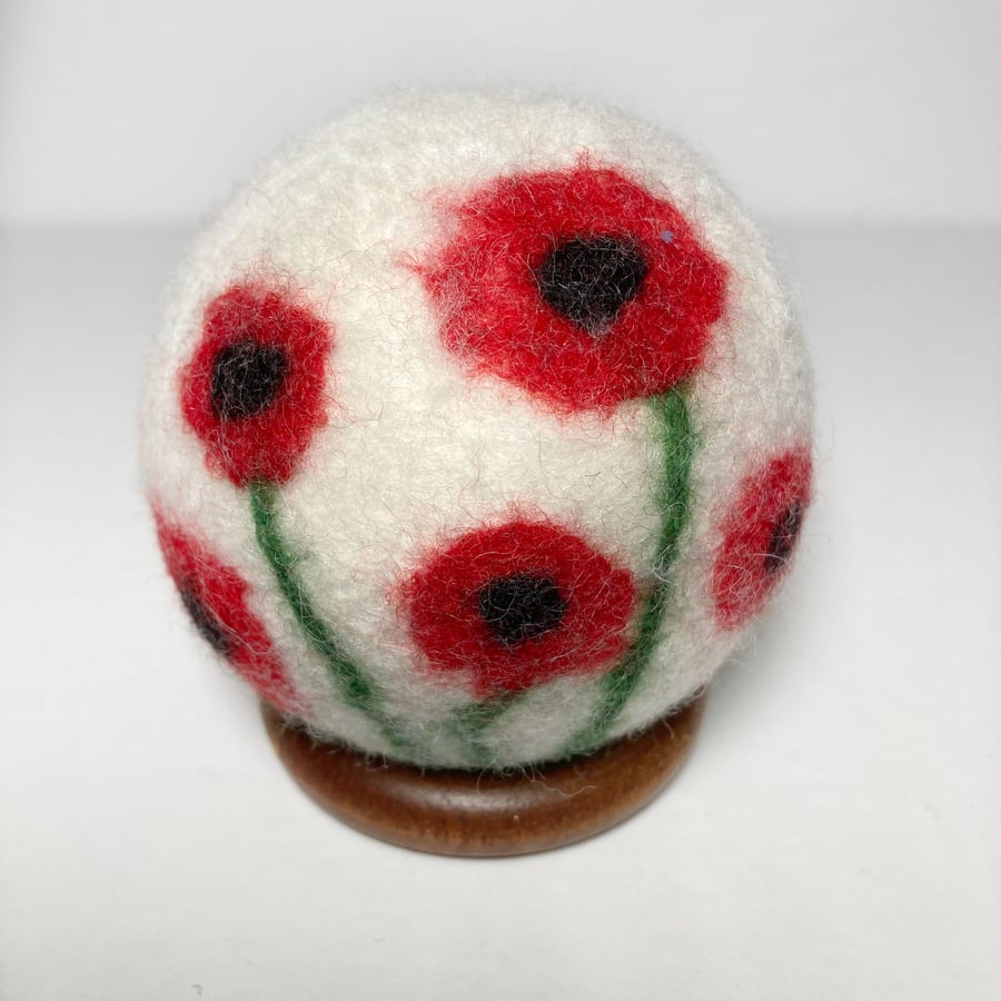 Felted Orb, Poppies on white, decorative ornament