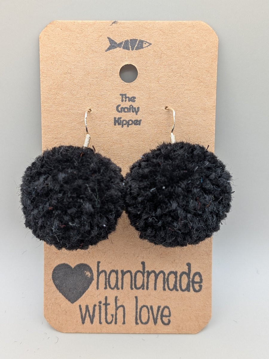 Black pom pom dangle earrings, handmade with silver findings 